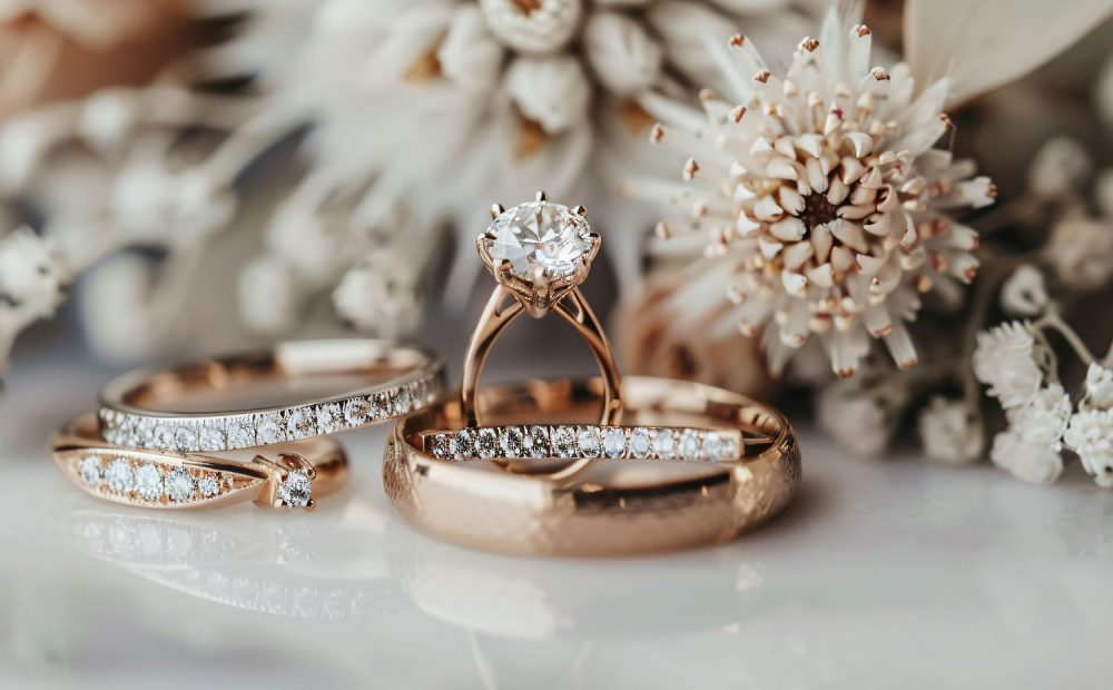 Rose Gold Solitaire & Diamond Wedding Bands